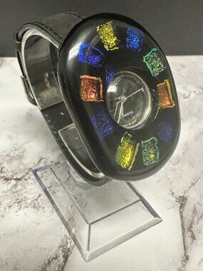 Vintage ZZYZX Watch Black Domed Case Confetti Foil Inlay Black Band New Battery
